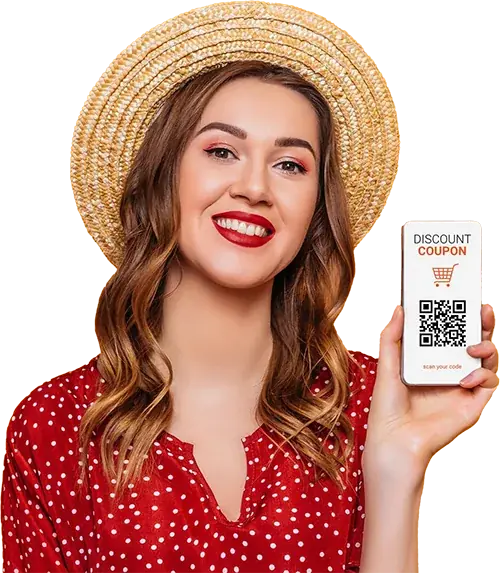 Woman holding a smartphone displaying a discount coupon QR code ready to scan